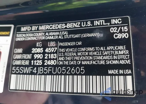 2015 Mercedes-Benz C 300 Sport из США, поврежденный, VIN 55SWF4JB5FU052605